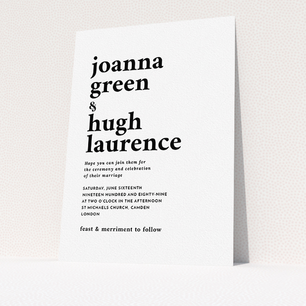 A personalised wedding invitation named "To the left". It is an A5 invite in a portrait orientation. "To the left" is available as a flat invite, with mainly white colouring.