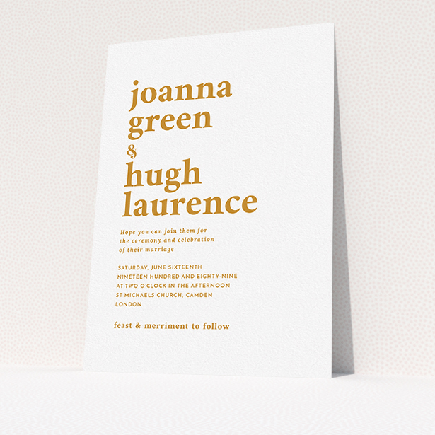 A personalised wedding invitation design titled "To the left". It is an A5 invite in a portrait orientation. "To the left" is available as a flat invite, with tones of white and orange.