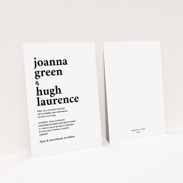 A personalised wedding invitation named "To the left". It is an A5 invite in a portrait orientation. "To the left" is available as a flat invite, with mainly white colouring.