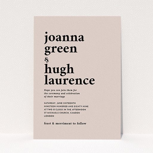 A personalised wedding invitation named "To the left". It is an A6 invite in a portrait orientation. "To the left" is available as a flat invite, with mainly dark cream colouring.