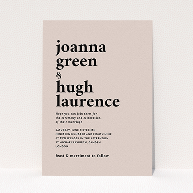 A personalised wedding invitation named "To the left". It is an A6 invite in a portrait orientation. "To the left" is available as a flat invite, with mainly dark cream colouring.