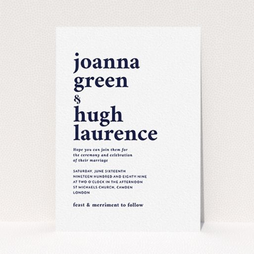 A personalised wedding invitation design called "To the left". It is an A6 invite in a portrait orientation. "To the left" is available as a flat invite, with mainly white colouring.