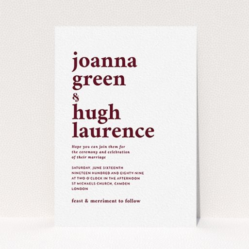 A personalised wedding invitation template titled "To the left". It is an A6 invite in a portrait orientation. "To the left" is available as a flat invite, with tones of white and burgundy.