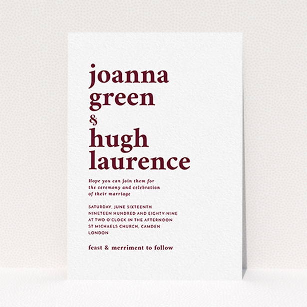 A personalised wedding invitation template titled "To the left". It is an A6 invite in a portrait orientation. "To the left" is available as a flat invite, with tones of white and burgundy.
