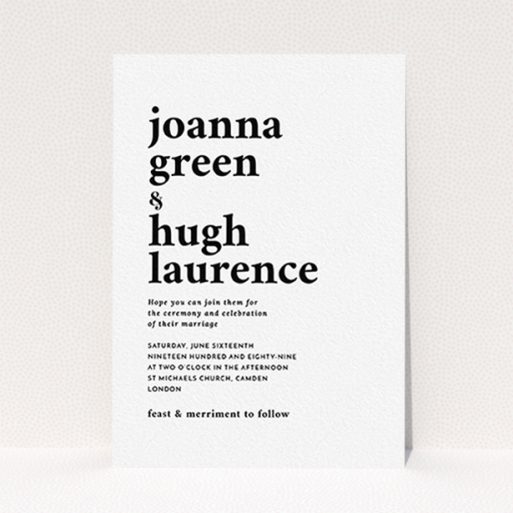 A personalised wedding invitation design titled "To the left". It is an A6 invite in a portrait orientation. "To the left" is available as a flat invite, with mainly white colouring.