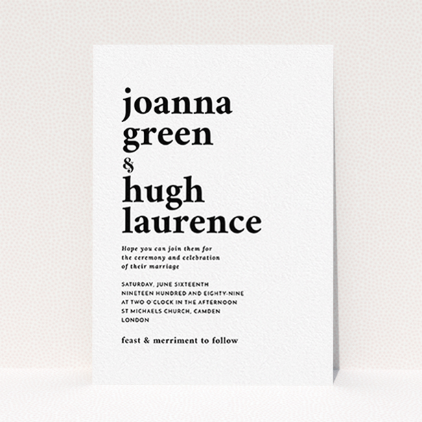 A personalised wedding invitation design titled "To the left". It is an A6 invite in a portrait orientation. "To the left" is available as a flat invite, with mainly white colouring.