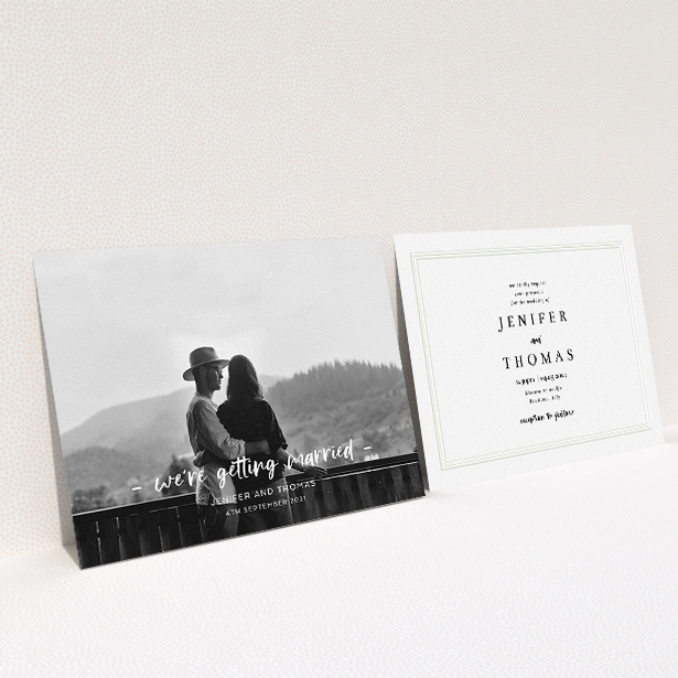 A personalised wedding invitation named "To the Point". It is an A5 invite in a landscape orientation. It is a photographic personalised wedding invitation with room for 1 photo. "To the Point" is available as a flat invite, with mainly white colouring.