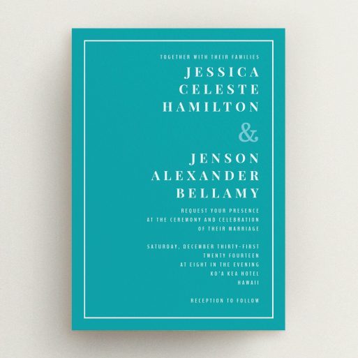 A personalised wedding invitation design named "To the right". It is an A5 invite in a portrait orientation. "To the right" is available as a flat invite, with tones of green and white.