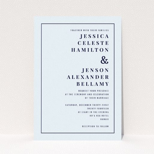 A personalised wedding invitation named "To the right". It is an A5 invite in a portrait orientation. "To the right" is available as a flat invite, with mainly light blue colouring.
