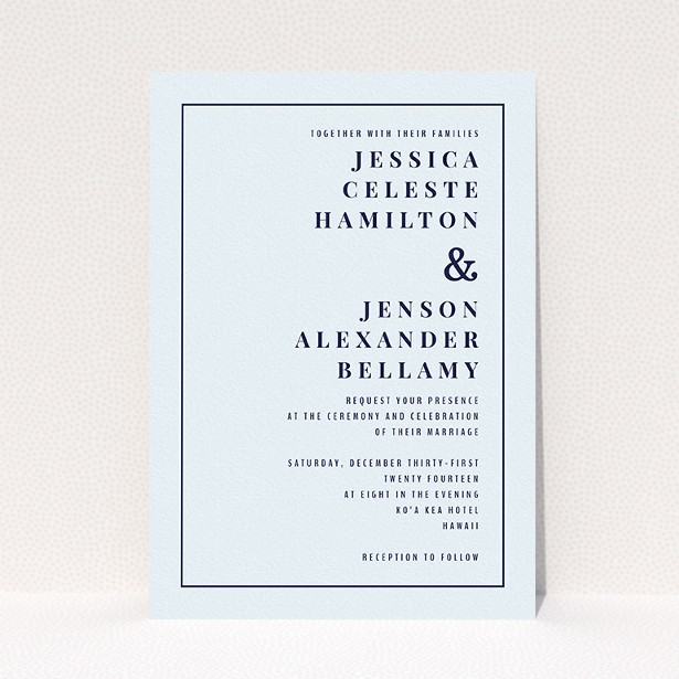 A personalised wedding invitation named "To the right". It is an A5 invite in a portrait orientation. "To the right" is available as a flat invite, with mainly light blue colouring.