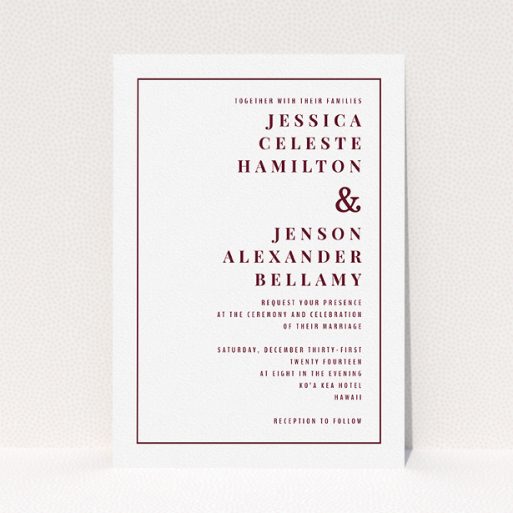 A personalised wedding invitation design called "To the right". It is an A5 invite in a portrait orientation. "To the right" is available as a flat invite, with tones of white and burgundy.