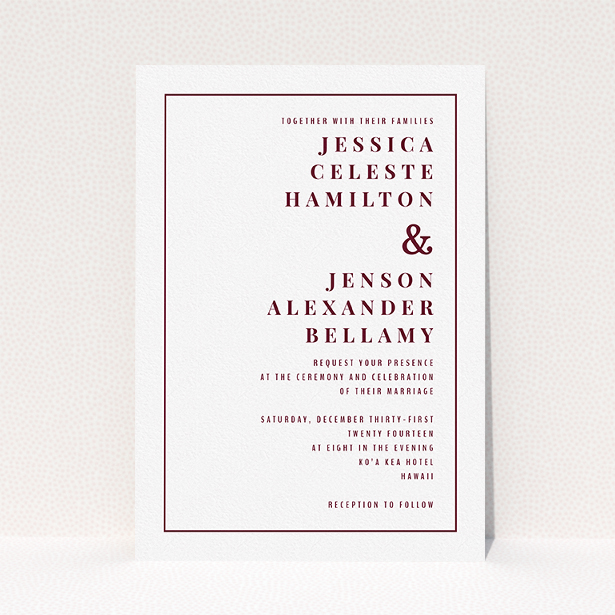 A personalised wedding invitation design called "To the right". It is an A5 invite in a portrait orientation. "To the right" is available as a flat invite, with tones of white and burgundy.