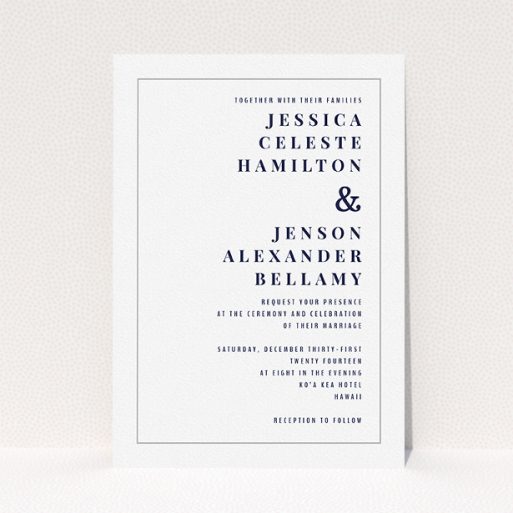 A personalised wedding invitation design titled "To the right". It is an A5 invite in a portrait orientation. "To the right" is available as a flat invite, with tones of white and grey.