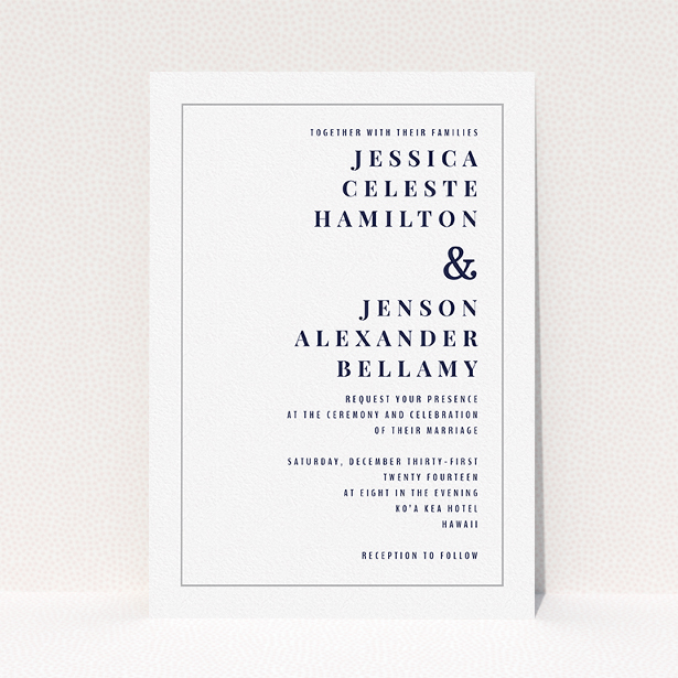 A personalised wedding invitation design titled "To the right". It is an A5 invite in a portrait orientation. "To the right" is available as a flat invite, with tones of white and grey.