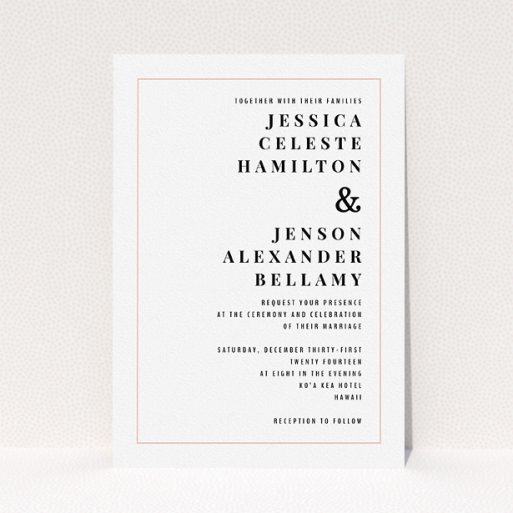 A personalised wedding invitation template titled "To the right". It is an A5 invite in a portrait orientation. "To the right" is available as a flat invite, with tones of white and pink.