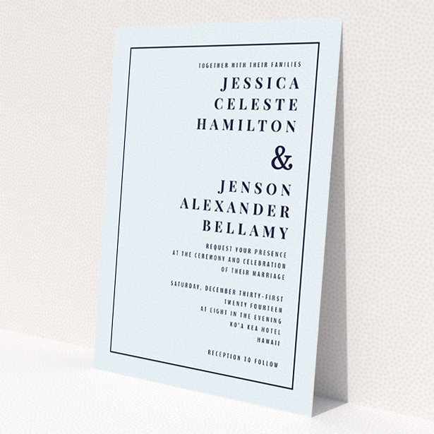 A personalised wedding invitation named 'To the right'. It is an A5 invite in a portrait orientation. 'To the right' is available as a flat invite, with mainly light blue colouring.