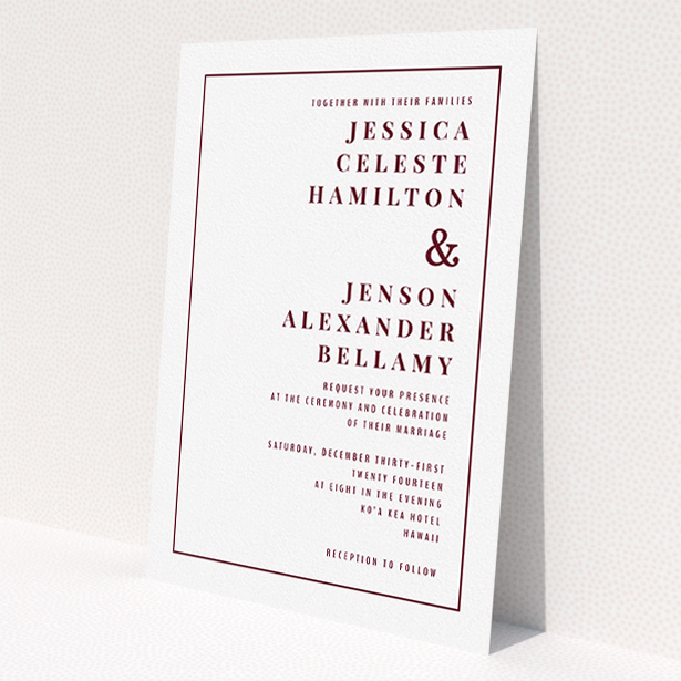 A personalised wedding invitation design called 'To the right'. It is an A5 invite in a portrait orientation. 'To the right' is available as a flat invite, with tones of white and burgundy.