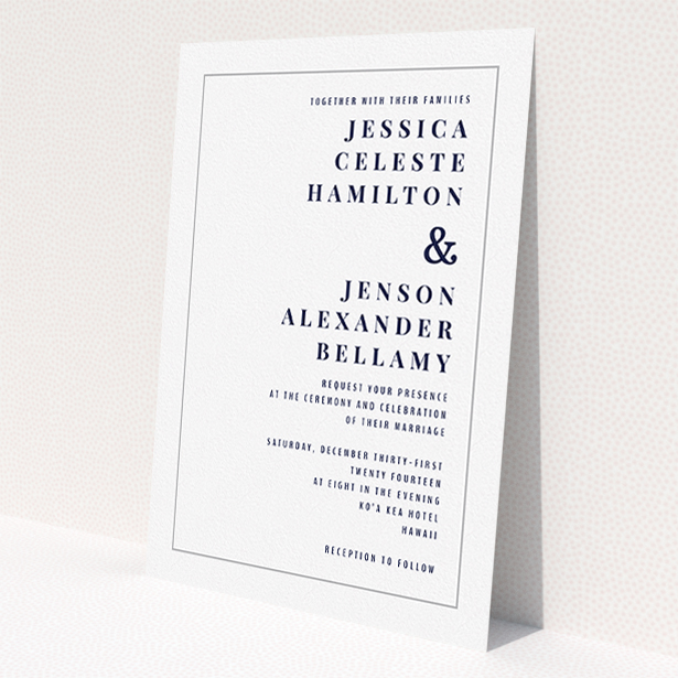 A personalised wedding invitation design titled 'To the right'. It is an A5 invite in a portrait orientation. 'To the right' is available as a flat invite, with tones of white and grey.