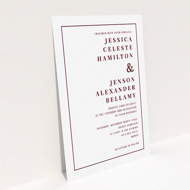 A personalised wedding invitation design called "To the right". It is an A5 invite in a portrait orientation. "To the right" is available as a flat invite, with tones of white and burgundy.