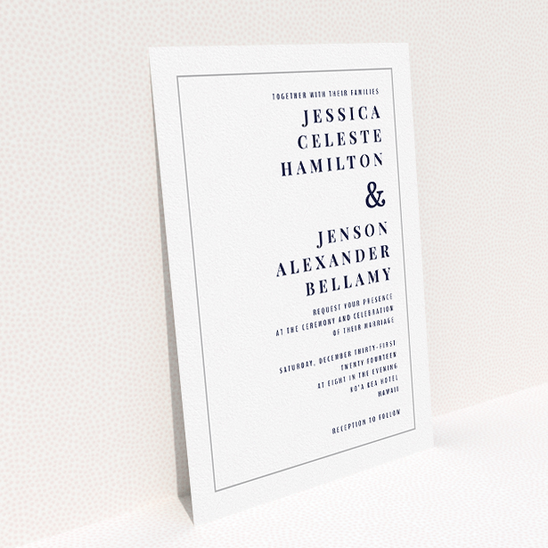 A personalised wedding invitation design titled "To the right". It is an A5 invite in a portrait orientation. "To the right" is available as a flat invite, with tones of white and grey.