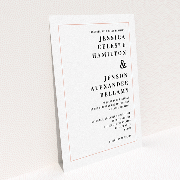 A personalised wedding invitation template titled "To the right". It is an A5 invite in a portrait orientation. "To the right" is available as a flat invite, with tones of white and pink.