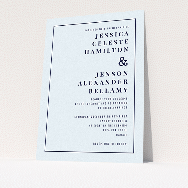 A personalised wedding invitation named "To the right". It is an A5 invite in a portrait orientation. "To the right" is available as a flat invite, with mainly light blue colouring.