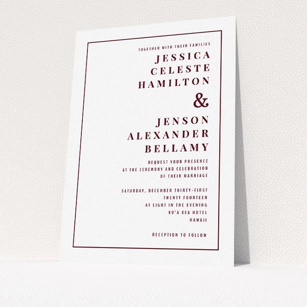 A personalised wedding invitation design called "To the right". It is an A5 invite in a portrait orientation. "To the right" is available as a flat invite, with tones of white and burgundy.