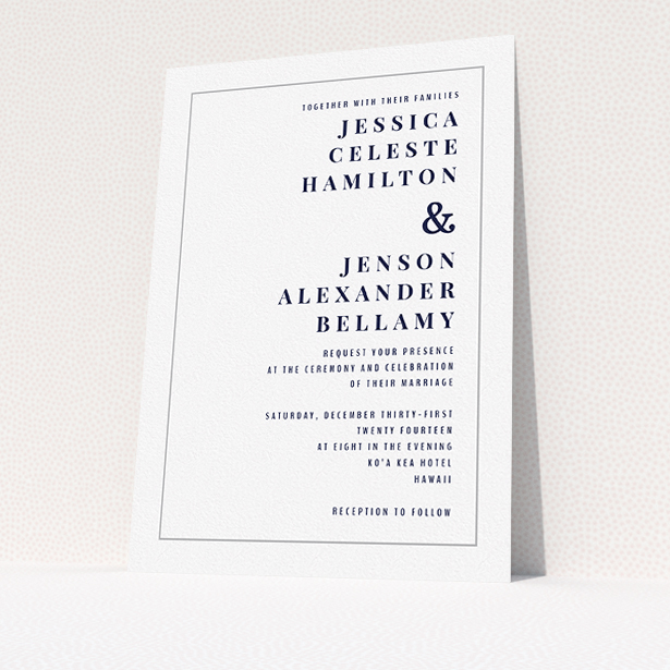 A personalised wedding invitation design titled "To the right". It is an A5 invite in a portrait orientation. "To the right" is available as a flat invite, with tones of white and grey.