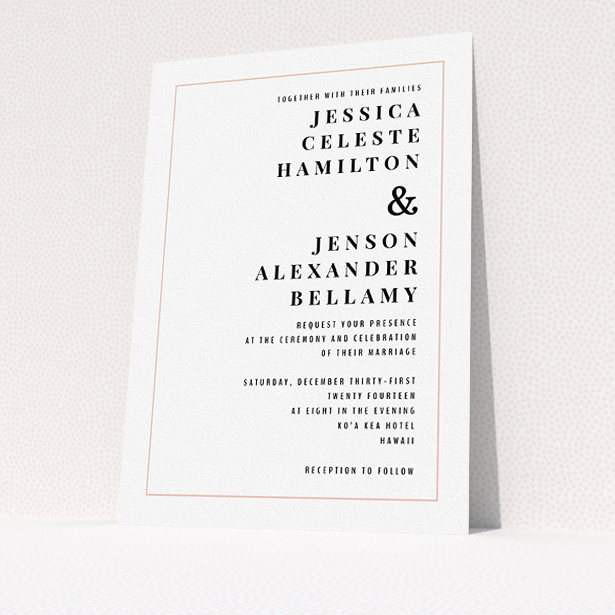 A personalised wedding invitation template titled "To the right". It is an A5 invite in a portrait orientation. "To the right" is available as a flat invite, with tones of white and pink.