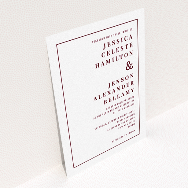 A personalised wedding invitation design called "To the right". It is an A5 invite in a portrait orientation. "To the right" is available as a flat invite, with tones of white and burgundy.