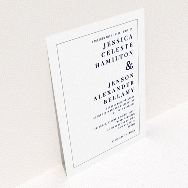 A personalised wedding invitation design titled "To the right". It is an A5 invite in a portrait orientation. "To the right" is available as a flat invite, with tones of white and grey.