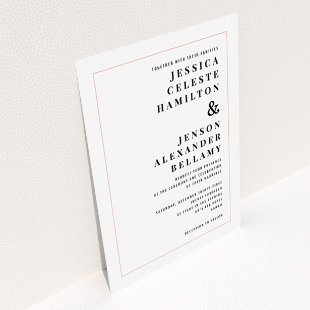 A personalised wedding invitation template titled "To the right". It is an A5 invite in a portrait orientation. "To the right" is available as a flat invite, with tones of white and pink.