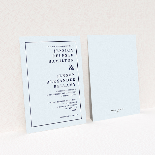 A personalised wedding invitation named "To the right". It is an A5 invite in a portrait orientation. "To the right" is available as a flat invite, with mainly light blue colouring.