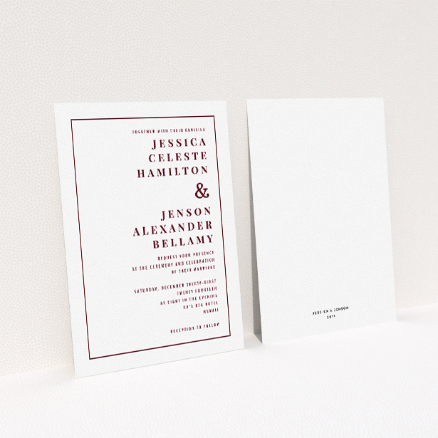 A personalised wedding invitation design called "To the right". It is an A5 invite in a portrait orientation. "To the right" is available as a flat invite, with tones of white and burgundy.