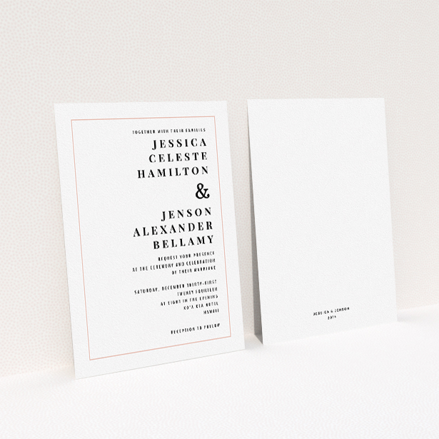 A personalised wedding invitation template titled "To the right". It is an A5 invite in a portrait orientation. "To the right" is available as a flat invite, with tones of white and pink.