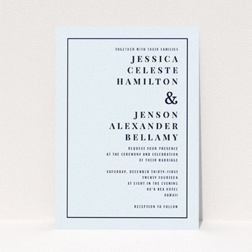 A personalised wedding invitation design titled "To the right". It is an A6 invite in a portrait orientation. "To the right" is available as a flat invite, with mainly light blue colouring.