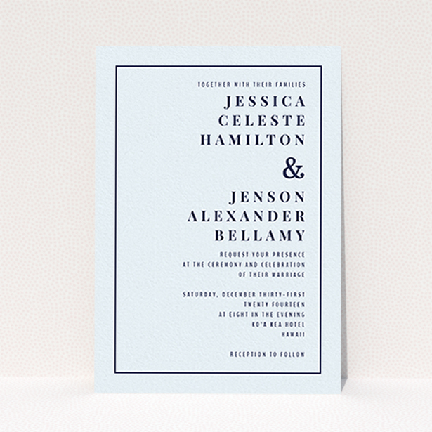 A personalised wedding invitation design titled "To the right". It is an A6 invite in a portrait orientation. "To the right" is available as a flat invite, with mainly light blue colouring.