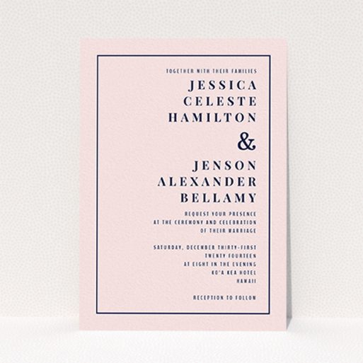 A personalised wedding invitation template titled "To the right". It is an A6 invite in a portrait orientation. "To the right" is available as a flat invite, with mainly pink colouring.