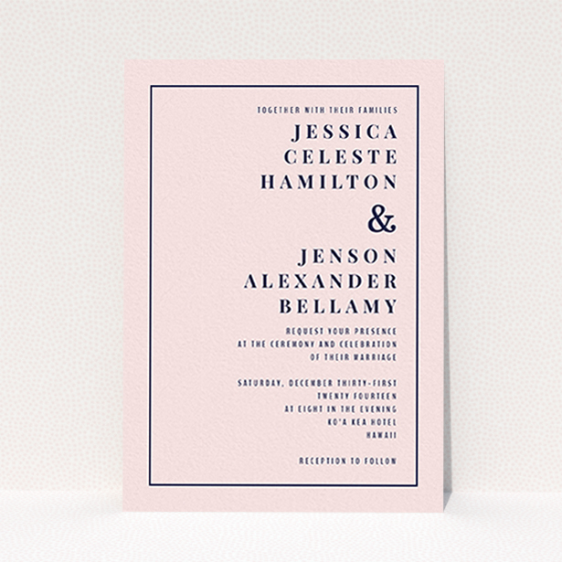 A personalised wedding invitation template titled "To the right". It is an A6 invite in a portrait orientation. "To the right" is available as a flat invite, with mainly pink colouring.