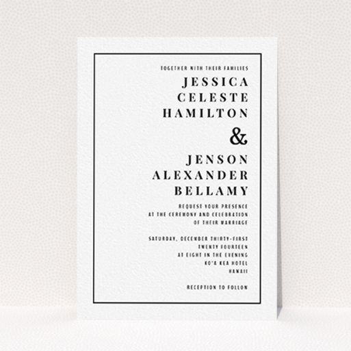 A personalised wedding invitation named "To the right". It is an A6 invite in a portrait orientation. "To the right" is available as a flat invite, with mainly white colouring.