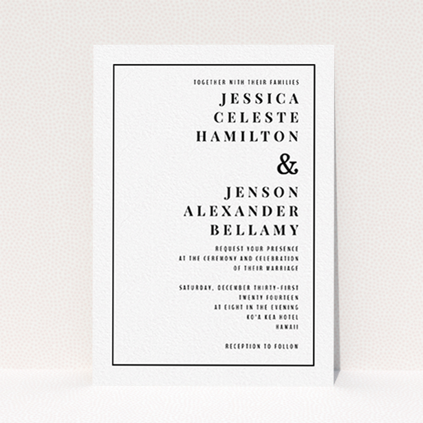 A personalised wedding invitation named "To the right". It is an A6 invite in a portrait orientation. "To the right" is available as a flat invite, with mainly white colouring.