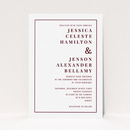 A personalised wedding invitation design named "To the right". It is an A6 invite in a portrait orientation. "To the right" is available as a flat invite, with tones of white and burgundy.
