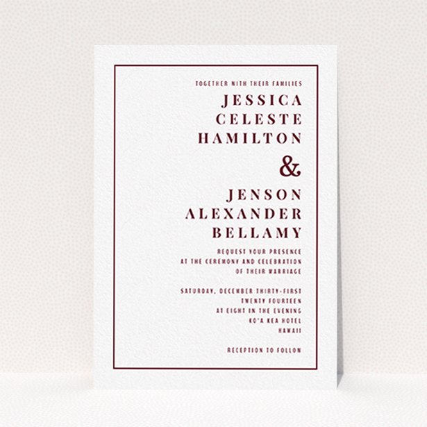 A personalised wedding invitation design named "To the right". It is an A6 invite in a portrait orientation. "To the right" is available as a flat invite, with tones of white and burgundy.