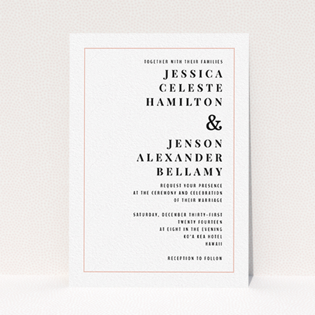 A personalised wedding invitation called "To the right". It is an A6 invite in a portrait orientation. "To the right" is available as a flat invite, with tones of white and pink.