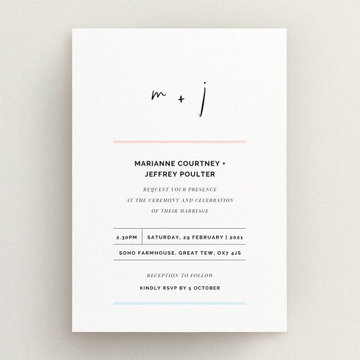 A personalised wedding invitation design called "Top and Bottom". It is an A5 invite in a portrait orientation. "Top and Bottom" is available as a flat invite, with tones of blue and pink.