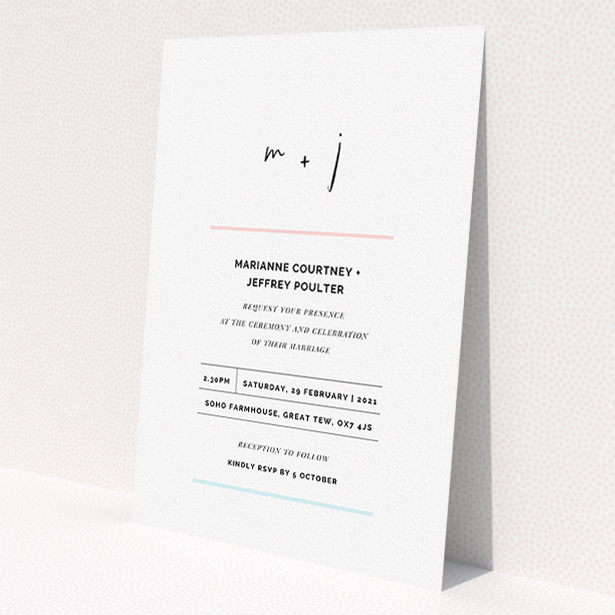 A personalised wedding invitation design called "Top and Bottom". It is an A5 invite in a portrait orientation. "Top and Bottom" is available as a flat invite, with tones of blue and pink.