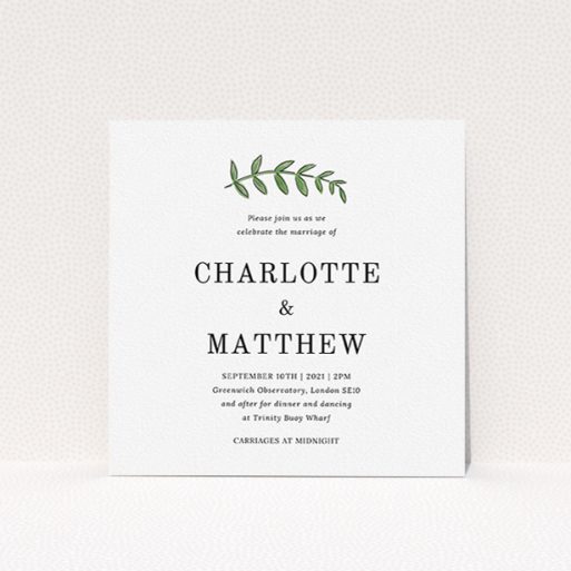 A personalised wedding invitation called "Top and Bottom". It is a square (148mm x 148mm) invite in a square orientation. "Top and Bottom" is available as a flat invite, with tones of white and green.