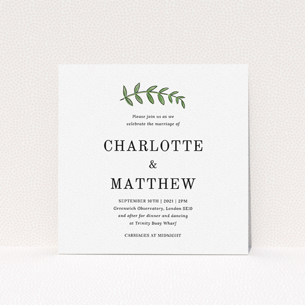 A personalised wedding invitation called "Top and Bottom". It is a square (148mm x 148mm) invite in a square orientation. "Top and Bottom" is available as a flat invite, with tones of white and green.
