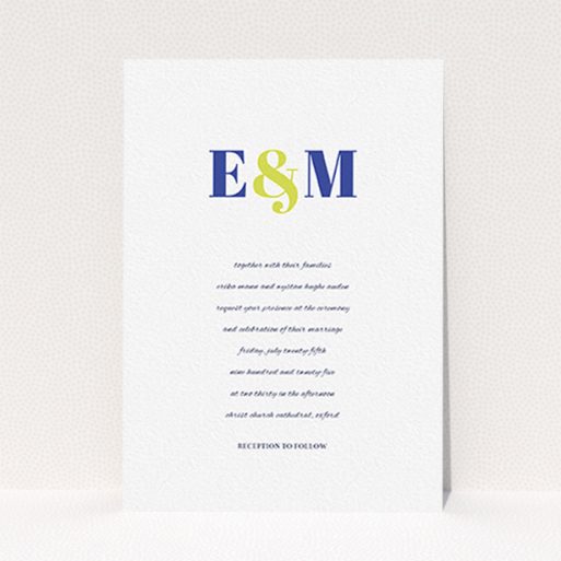 A personalised wedding invitation called "Top line". It is an A6 invite in a portrait orientation. "Top line" is available as a flat invite, with tones of white and blue.