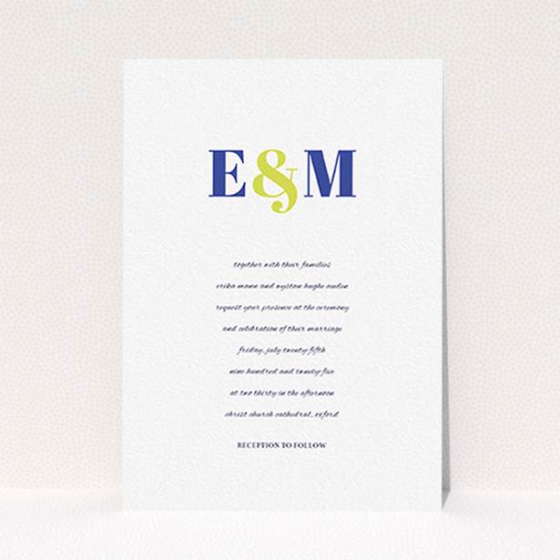 A personalised wedding invitation called "Top line". It is an A6 invite in a portrait orientation. "Top line" is available as a flat invite, with tones of white and blue.